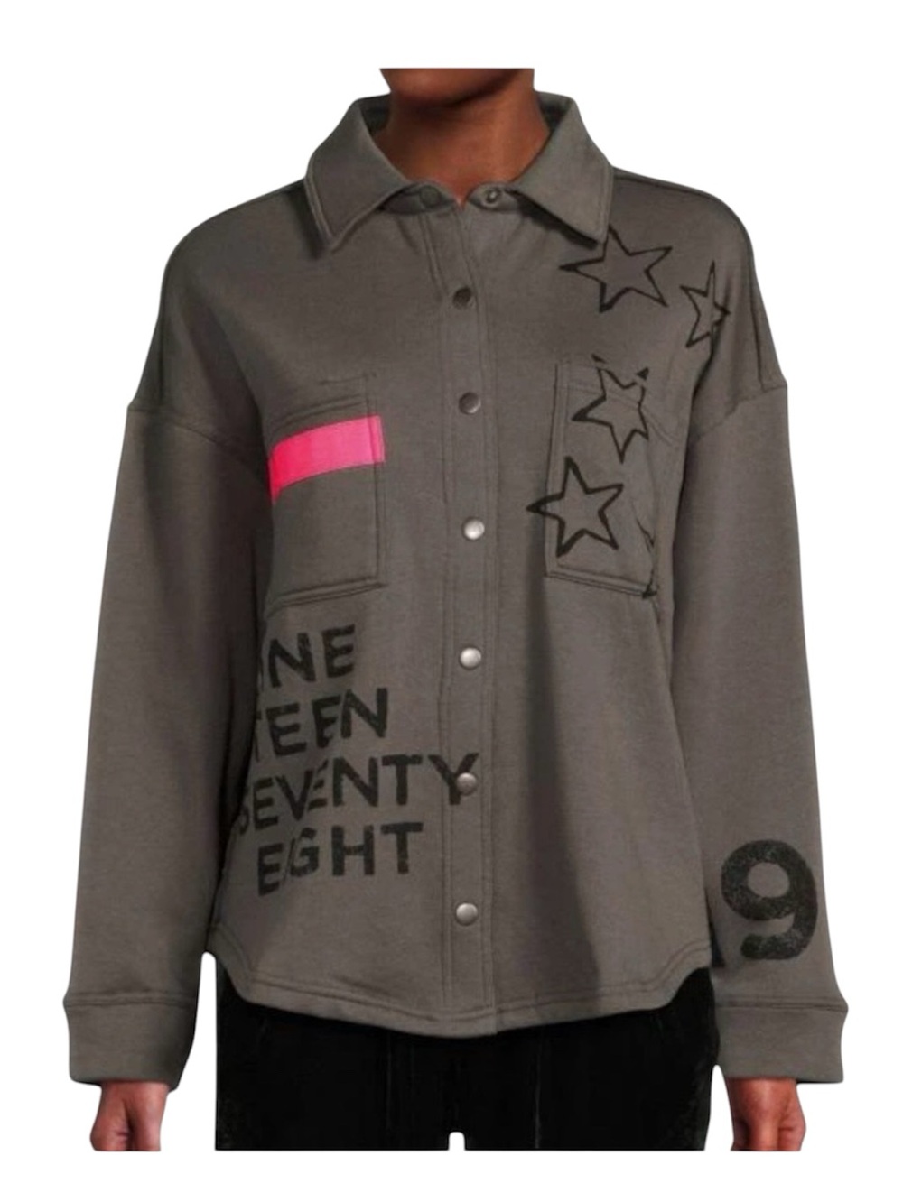 Vintage Havana Women’s Gray Snap Button Up Graphic Fleece Shirt Jacket Size S
